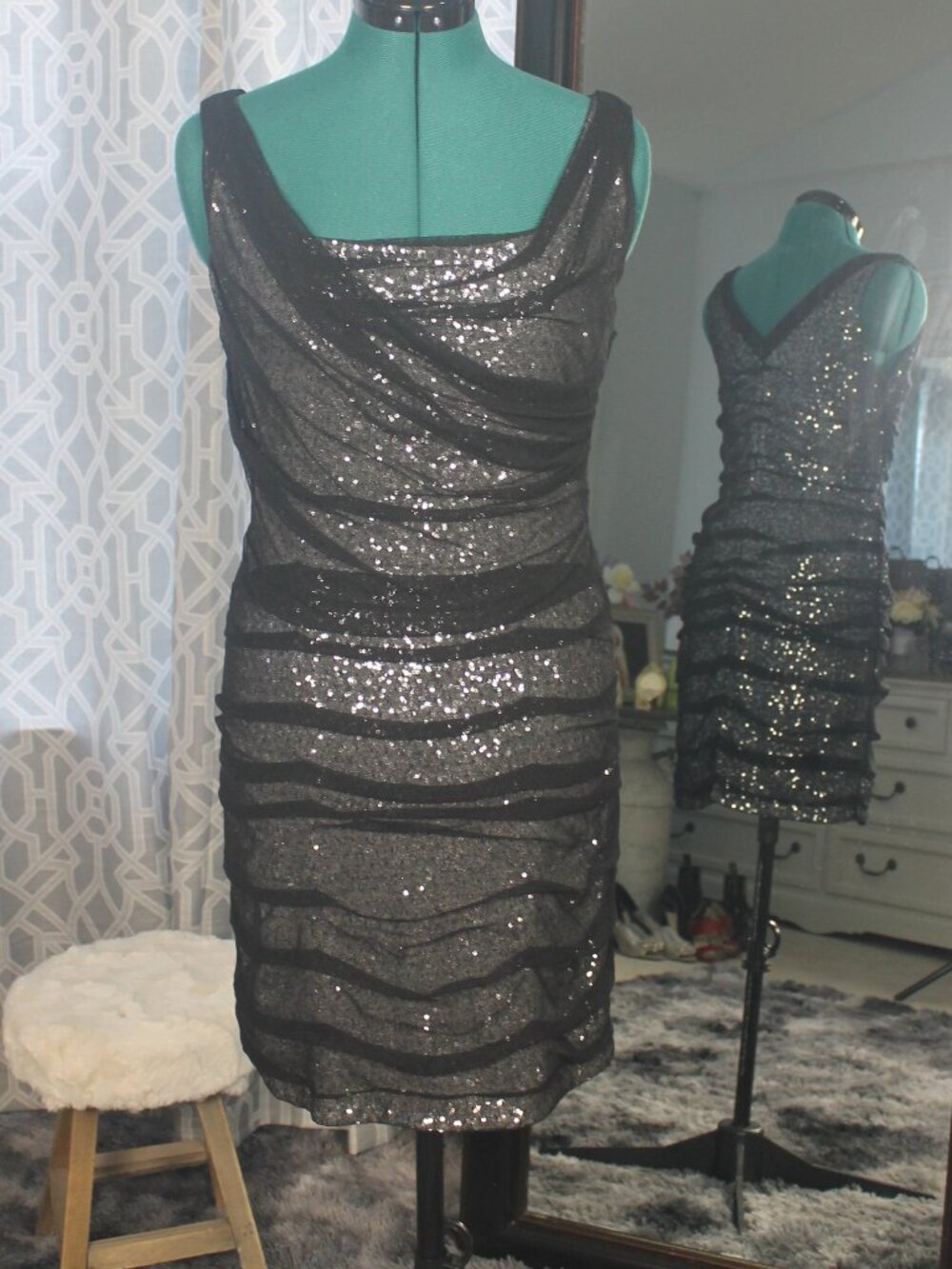 Express Black & Silver Sequin Ruched Mini Dress – Mesh Overlay, Bodycon, Size 10